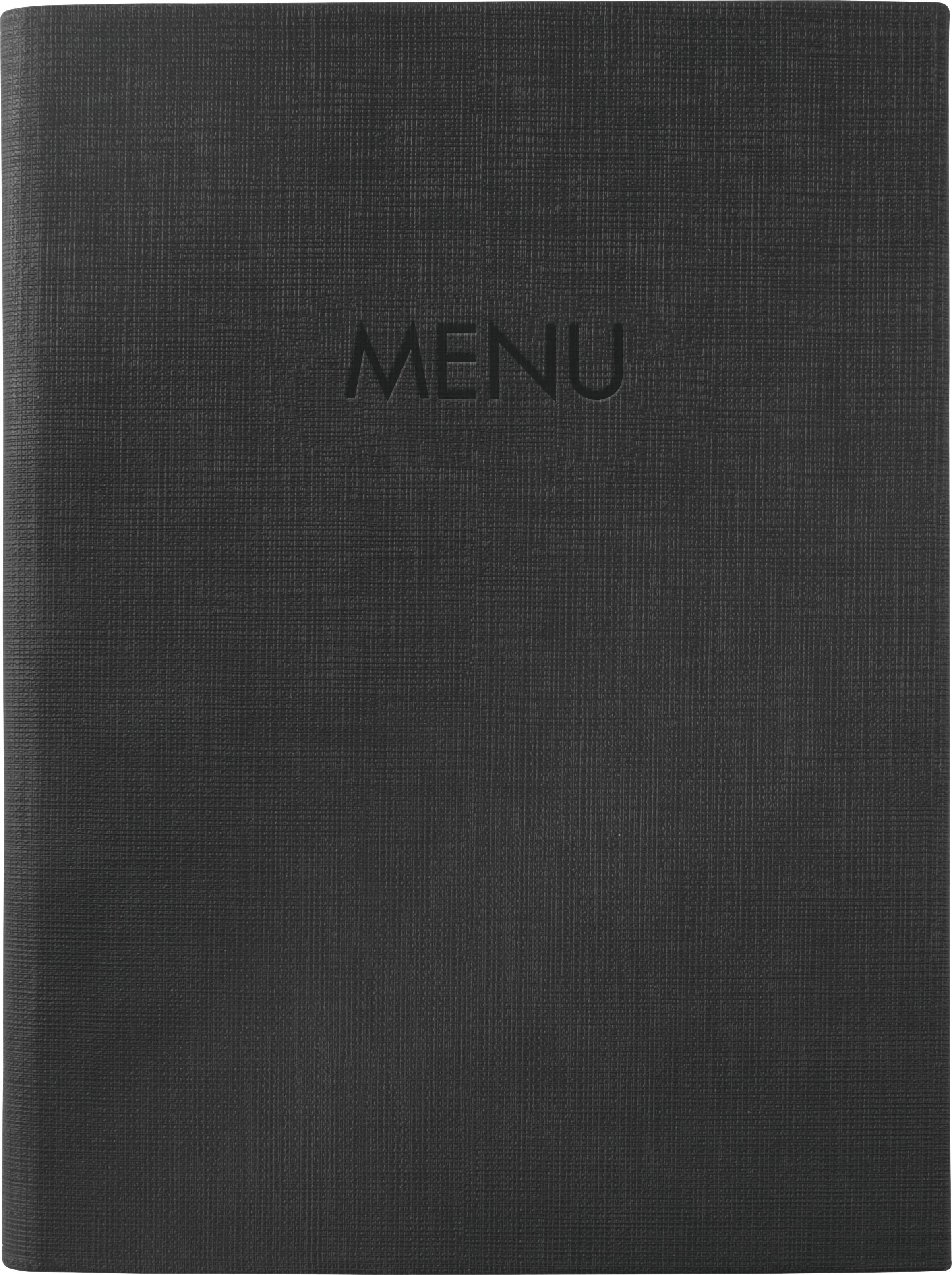 Čierna menu obálka s vytlačeným slovom 'Menu' na prednej strane.
