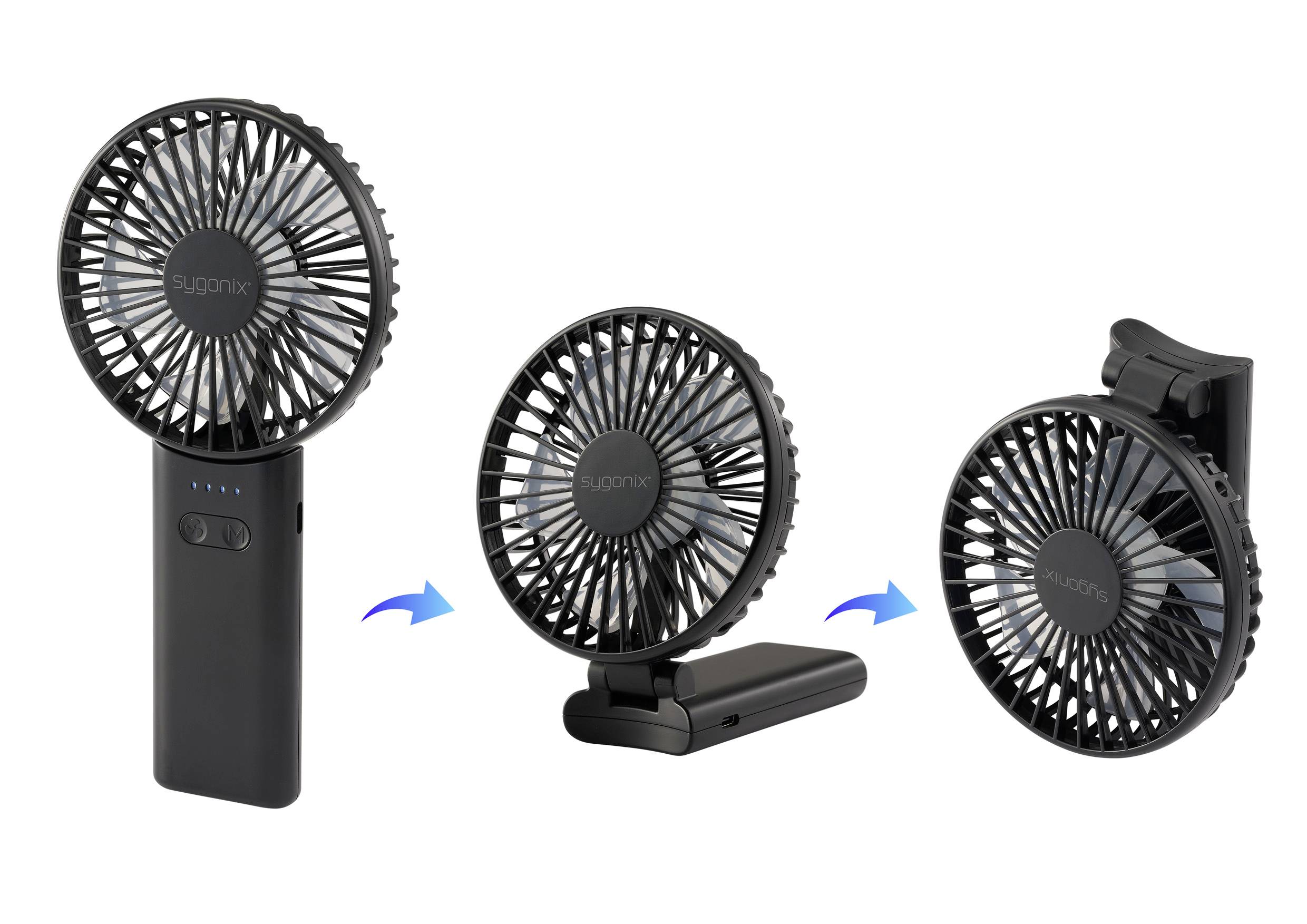 Tri prenosné ventilátory: ručný ventilátor, skladací stolový ventilátor a ventilátor s klipom, každý s podobnými kruhovými listami a čiernym dizajnom.