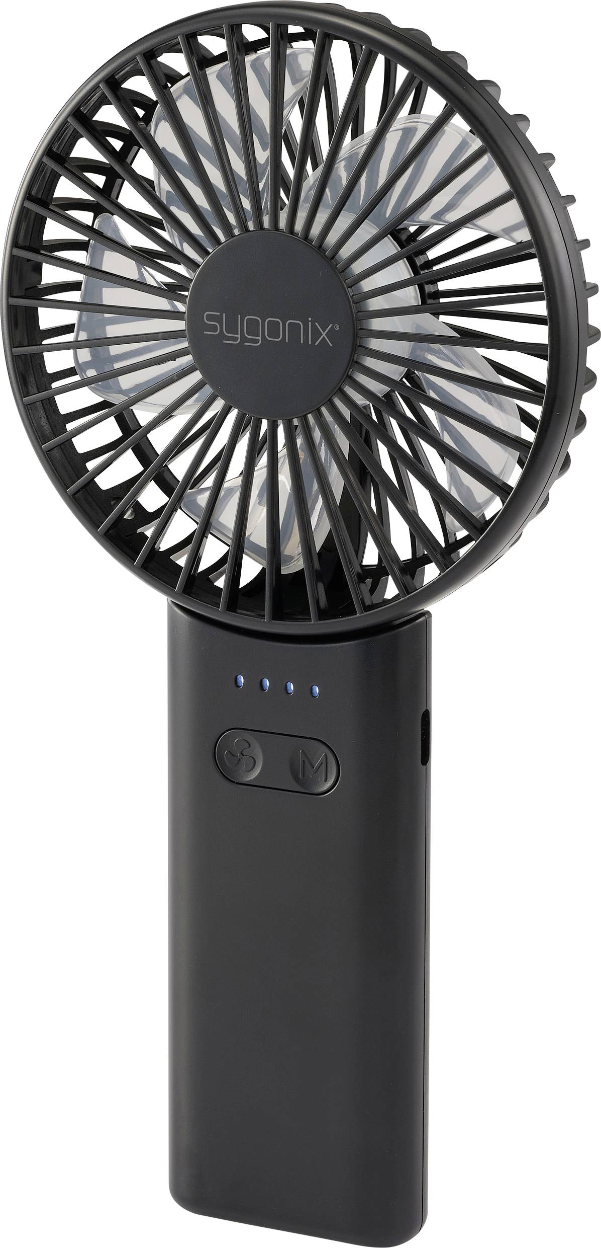 Čierny ručný ventilátor napájaný batériou s kruhovým krytom vrtule, ktorý má dva ovládacie tlačidlá a logo značky v strede.