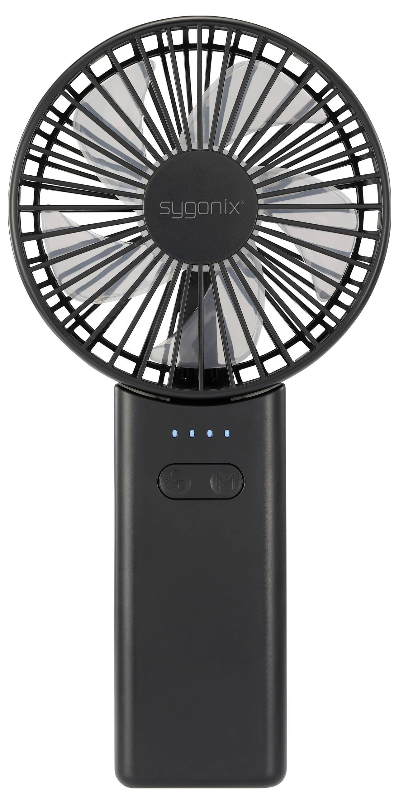Čierny prenosný ručný ventilátor s kruhovou ochranou vrtule a nápisom 'sygonix' v strede, s tlačidlom napájania a indikátormi stavu batérie na rukoväti.