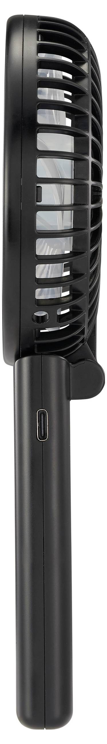 Čierny prenosný ručný ventilátor s valcovitou rukoväťou a USB nabíjacím portom.