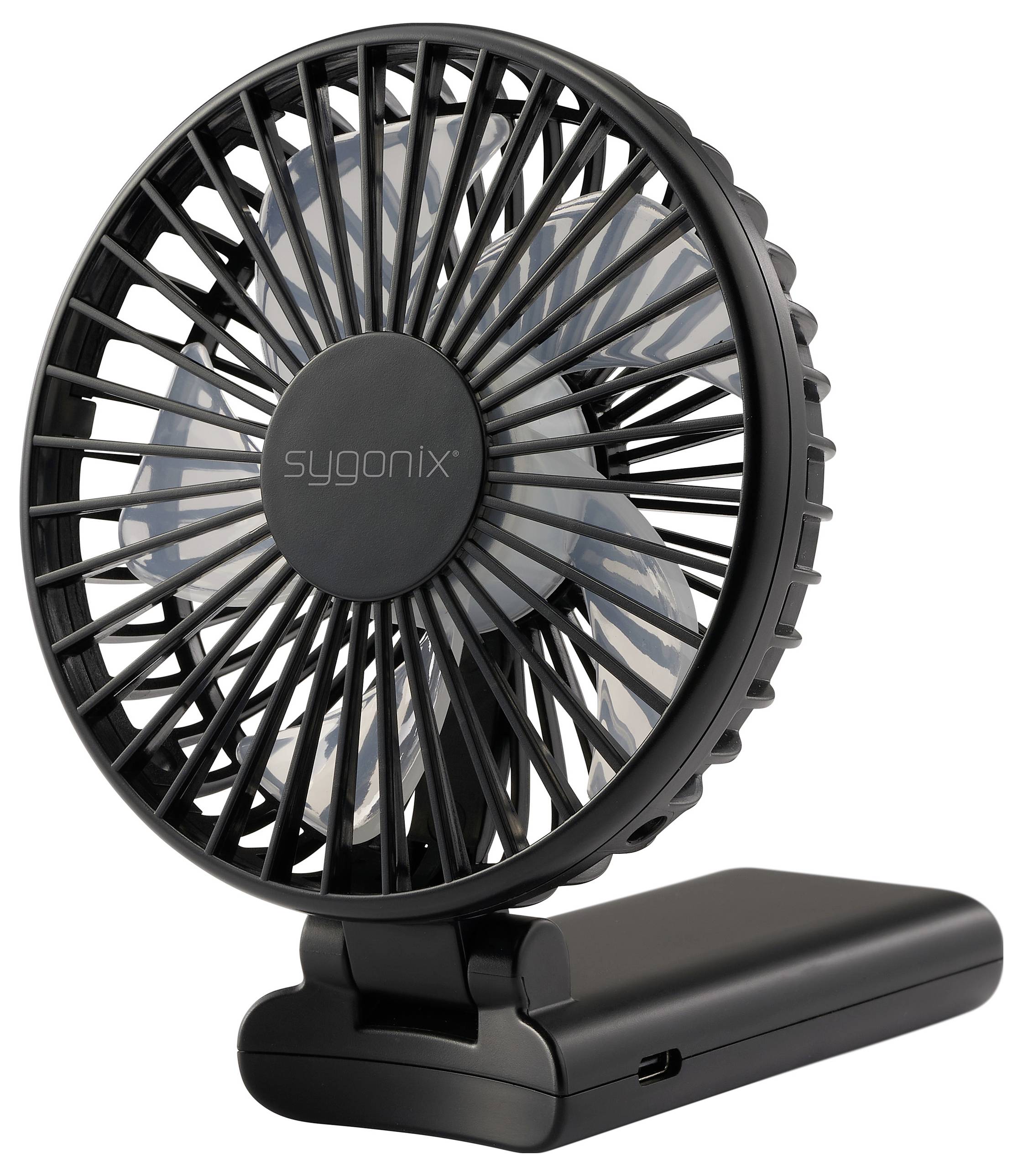 Prenosný čierny stolový ventilátor s kruhovým ochranným krytom a viditeľnými listami, vybavený USB nabíjacím portom v základni.