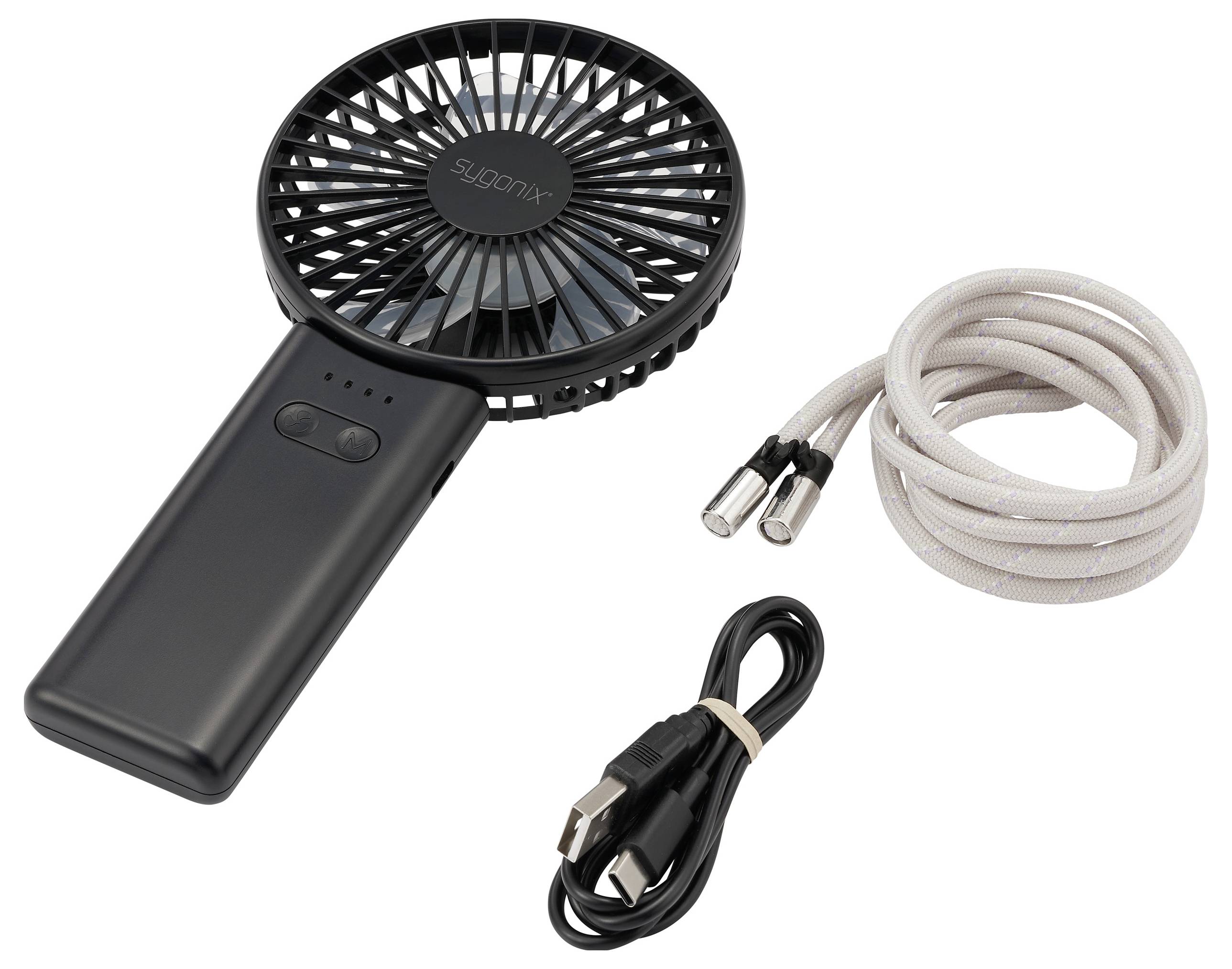 Ručný čierny ventilátor s kruhovými listami a dlhou rukoväťou, sprevádzaný bielym popruhom a nabíjacím káblom USB-C.
