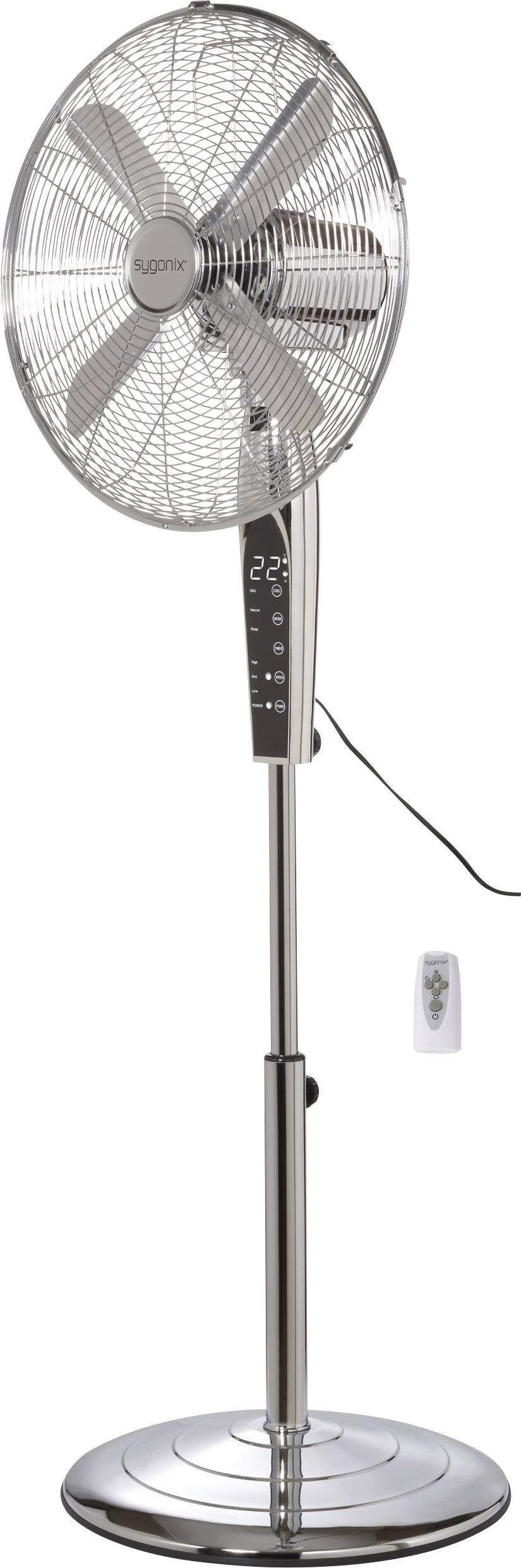 Sygonix Staande ventilator 50 W (&Oslash; x h) 440 mm x 1300 mm Chroom LED-display, Oscillerend, Met afstandsbediening, In hoogte verstelbaar, Timer