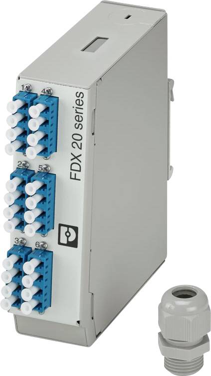 Sivý elektronický prístroj označený ako 'FDX 20 Series' s viacerými modrými konektormi je zobrazený vedľa malej sivej káblovej vývodky.