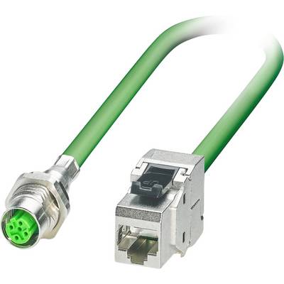 Zelený priemyselný ethernetový kábel s konektormi M12 a RJ45, používaný pre robustné sieťové pripojenia v priemyselných prostrediach.