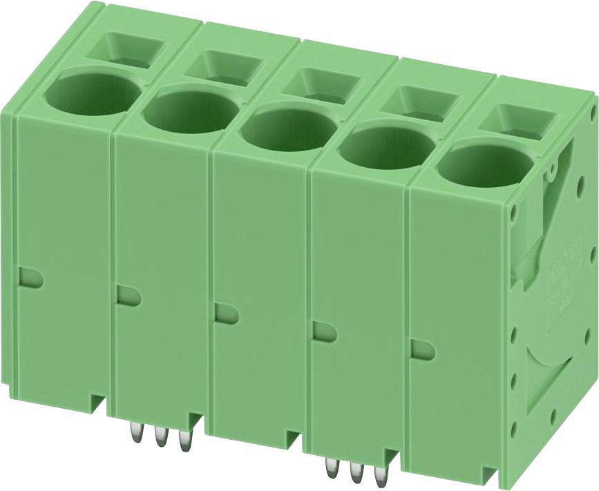 Zelený svorkovnicový blok s piatimi pripojovacími portami, používaný na spájanie elektrických vodičov v priemyselných a elektronických aplikáciách.