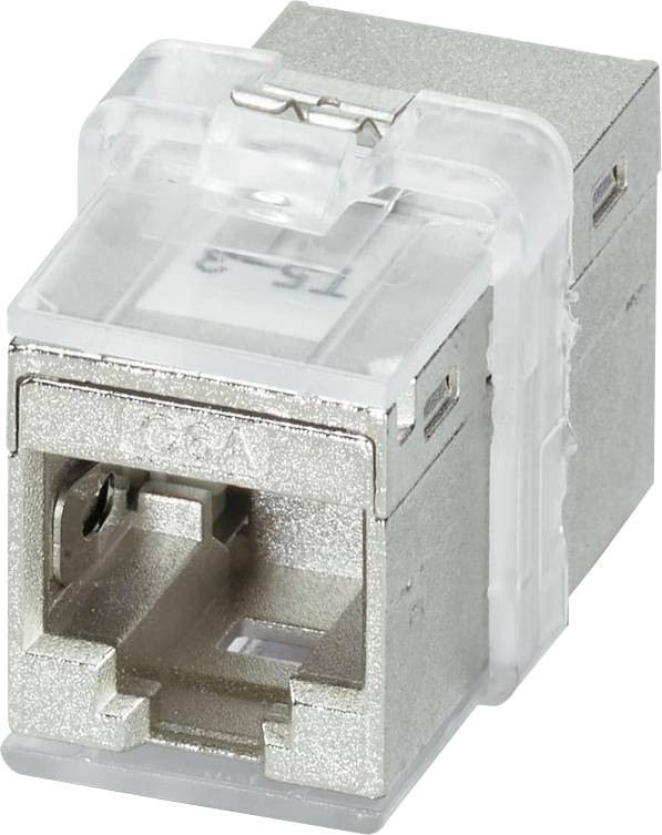 Strieborný, obdĺžnikový sieťový konektor na kábel s priehľadnou plastovou príchytkou na vrchu, navrhnutý na spoľahlivé pripojenie ethernetových káblov.
