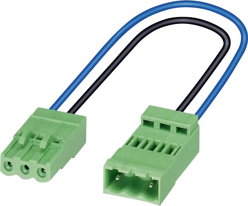Dva zelené elektrické konektory prepojené modrými a čiernymi vodičmi, používané na bezpečné prepojenie elektrických obvodov.