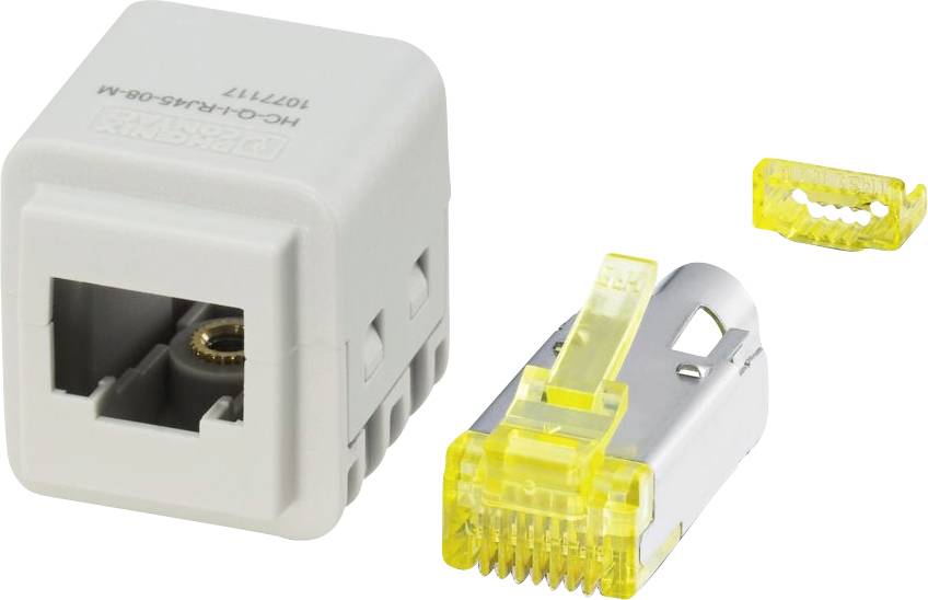 Telekomunikačné konektorové komponenty vrátane bieleho štvorcového socketu a žltej zástrčky pre zapojenie a nastavenie pripojenia.