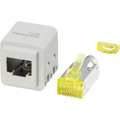 Telekomunikačné konektorové komponenty vrátane bieleho štvorcového socketu a žltej zástrčky pre zapojenie a nastavenie pripojenia.