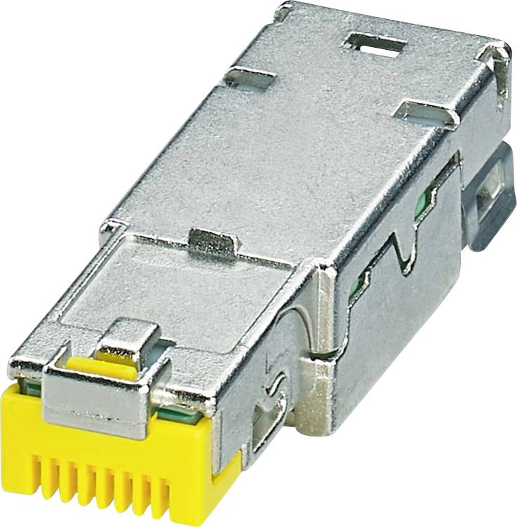 Strieborný kovový sieťový konektor Ethernet so žltou základňou, používaný pre sieťové káble.