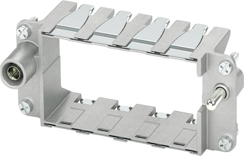 Kovový rám s viacerými otvormi, skrutkami a konektormi, pravdepodobne súčasť elektrického alebo mechanického zariadenia.