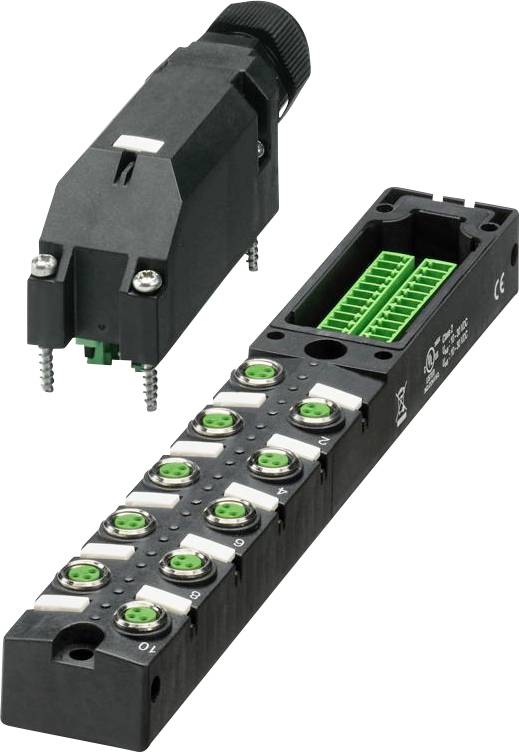 Modul zbernice s viacerými zelenými konektormi pre priemyselnú automatizáciu, vrátane odpojiteľného konektora pre jednoduché inštalovanie a údržbu.