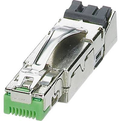 Malý, kovový modul transceivera SFP (Small Form-factor Pluggable) so zeleným konektorom, používaný pre sieťovú komunikáciu.