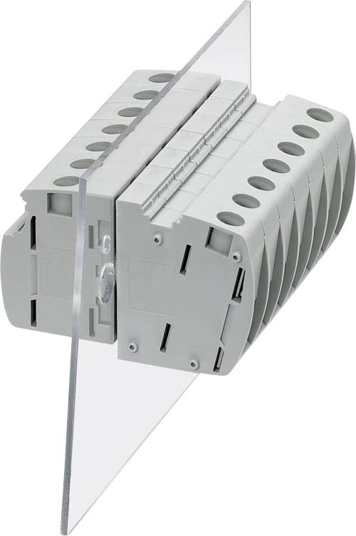 Šedý svorkovnicový blok namontovaný na priehľadnom paneli, s viacerými viditeľnými pripojovacími bodmi, používaný na organizáciu elektrického zapojenia.