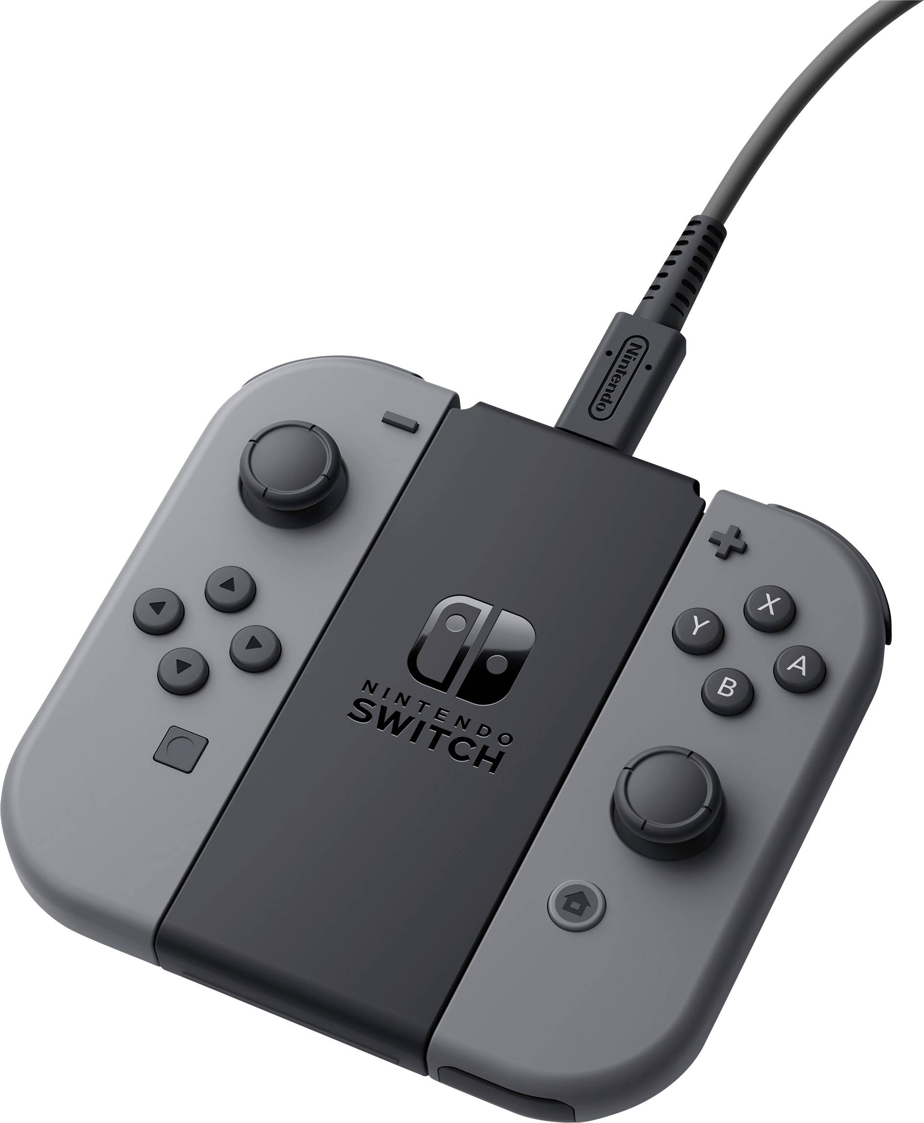 Šedý ovládač Nintendo Switch Joy-Con pripojený k nabijaciemu gripu, vybavený štandardnými hernými tlačidlami a pákami joystickov.