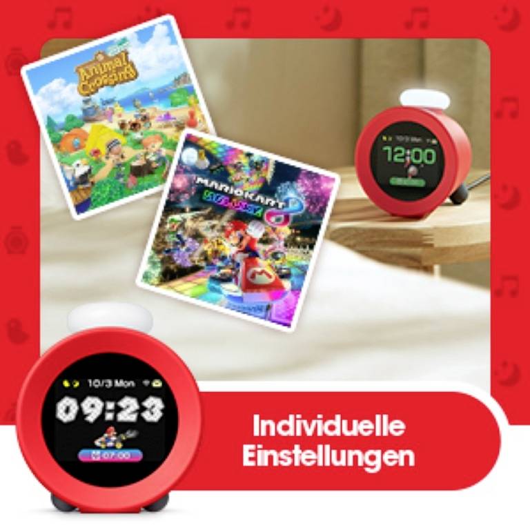 Guľatý budík s LED displejom zobrazuje '09:23 Pon'. Vľavo hore sú viditeľné dva obaly hier. Text dole: 'Individuálne nastavenia'.