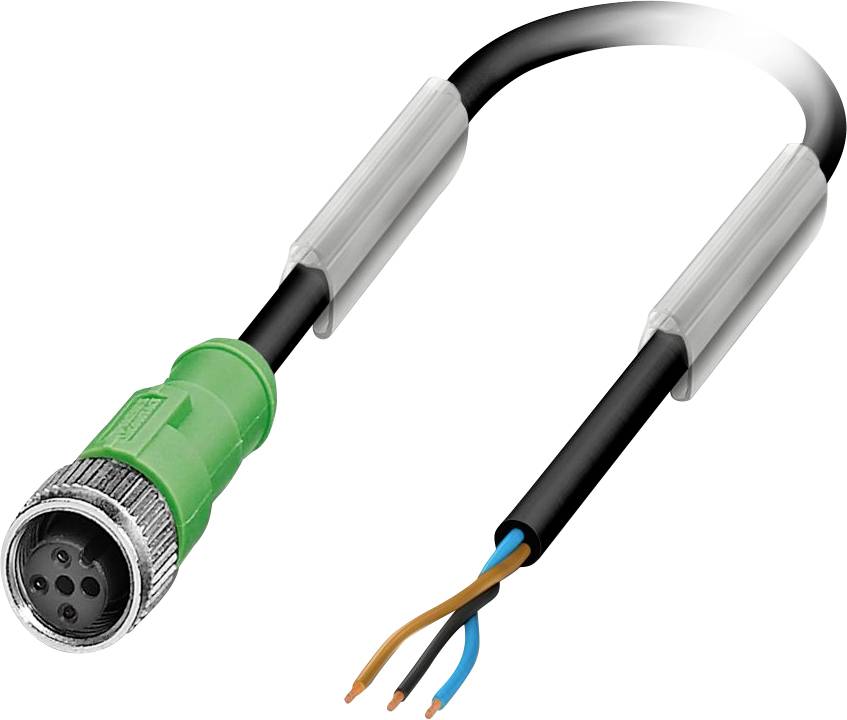 Zelený a čierny konektor M12 s káblom so štyrmi odhalenými vodičmi na konci, používaný pre elektrické pripojenia.