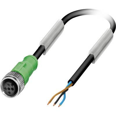 Zelený a čierny konektor M12 s káblom so štyrmi odhalenými vodičmi na konci, používaný pre elektrické pripojenia.