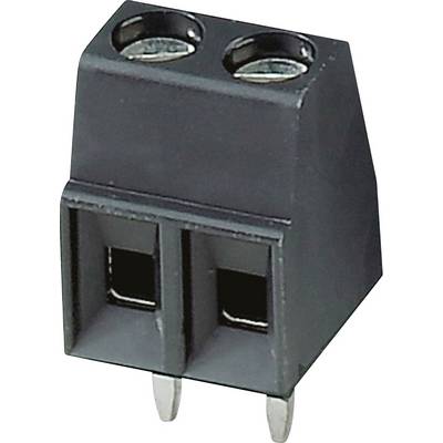 Čierny svorkovnicový blok s dvomi kolíkmi, používaný na spoľahlivé pripojenie elektrických vodičov.
