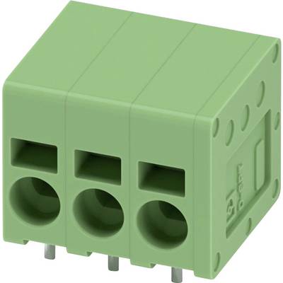 Zelený 3-pinový konektor s skrutkovými svorkami, používaný pre elektrické zapojenie, zobrazený z uhla zvýrazňujúceho diery a kolíky.