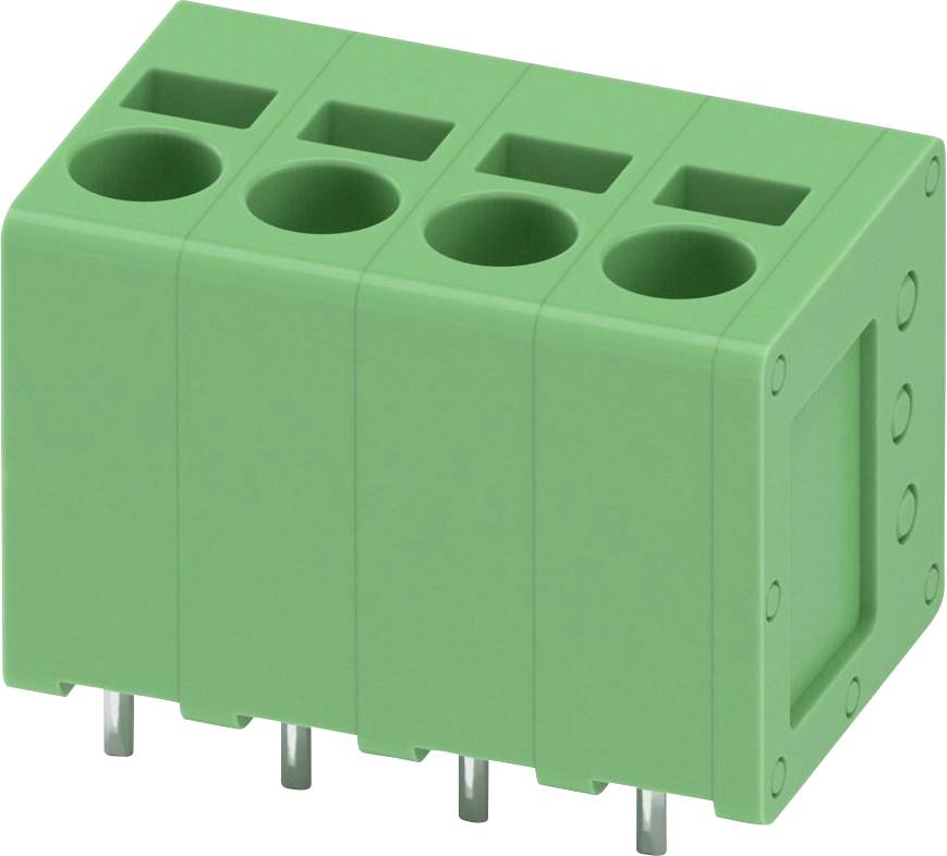 Zelený štvorpolohový svorkovnicový blok s kovovými kolíkmi je znázornený. Používa sa na elektrické pripojenia a uľahčuje vkladanie vodičov.