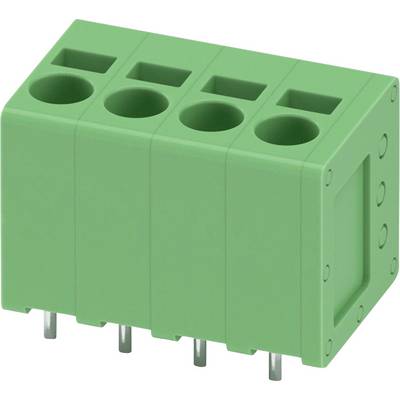 Zelený štvorpolohový svorkovnicový blok s kovovými kolíkmi je znázornený. Používa sa na elektrické pripojenia a uľahčuje vkladanie vodičov.