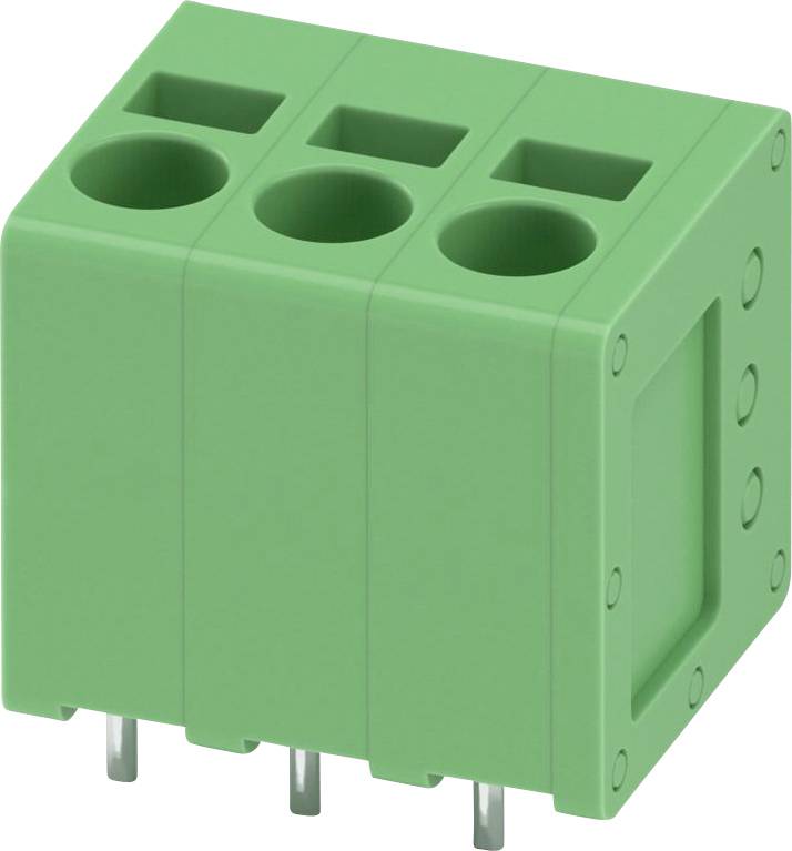Zelený svorkovnicový blok s tromi vývodmi pre vodiče a kovovými kolíkmi pre integráciu do obvodu, používaný v elektrických a elektronických pripojeniach.