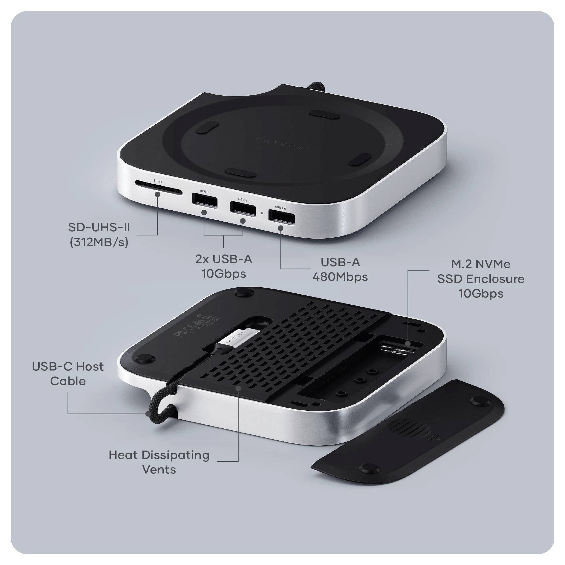 Kompaktné SSD púzdro s portami označenými: SD-UHS-II, dva USB-A 10Gbps, USB-A 480Mbps, M.2 NVMe SSD púzdro 10Gbps, USB-C hostiteľský kábel.