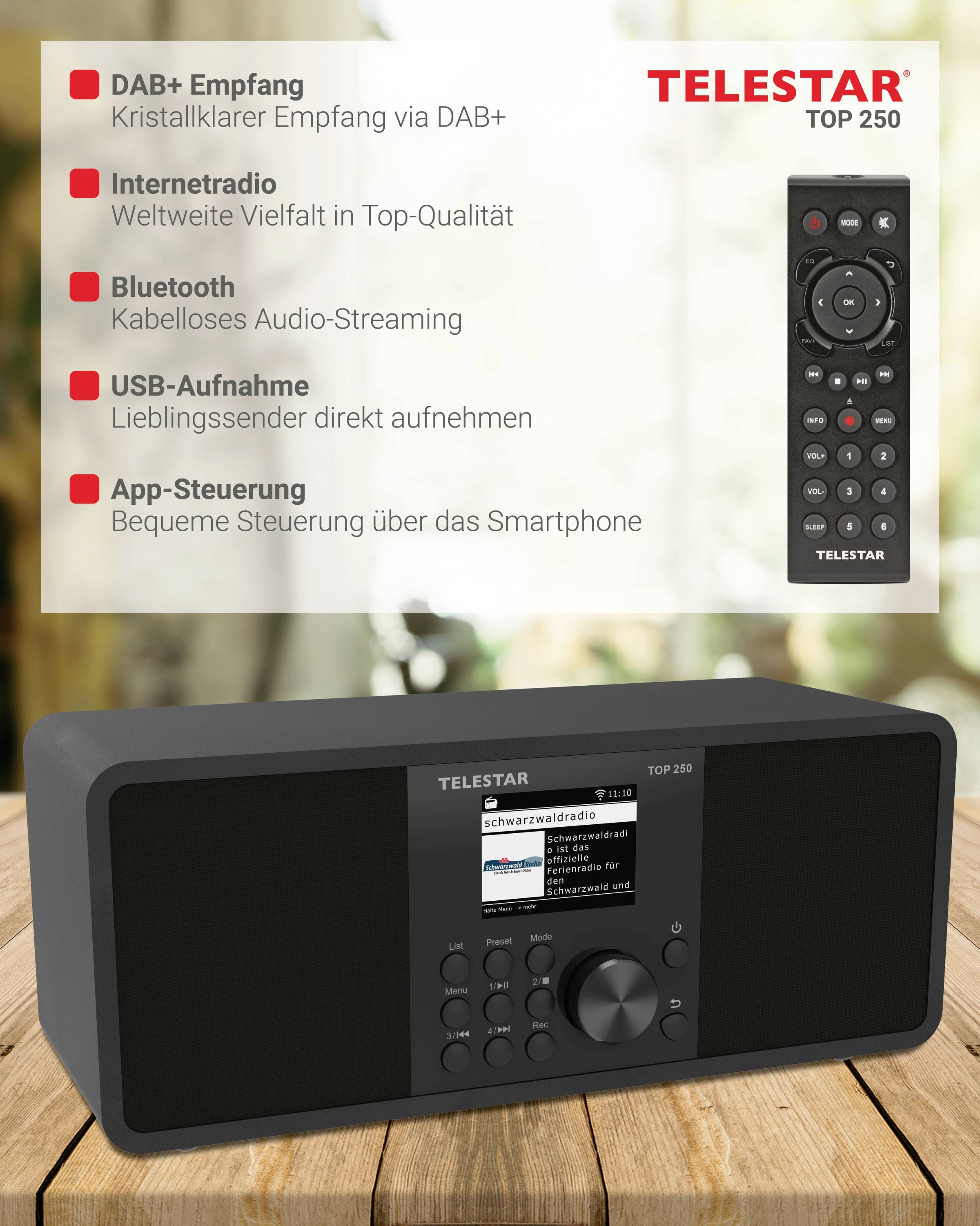 Čierne rádio s obrazovkou a viacerými tlačidlami. Vedľa vpravo diaľkové ovládanie. Text popisuje DAB+, internetové rádio, Bluetooth, USB nahrávanie a ovládanie prostredníctvom aplikácie.