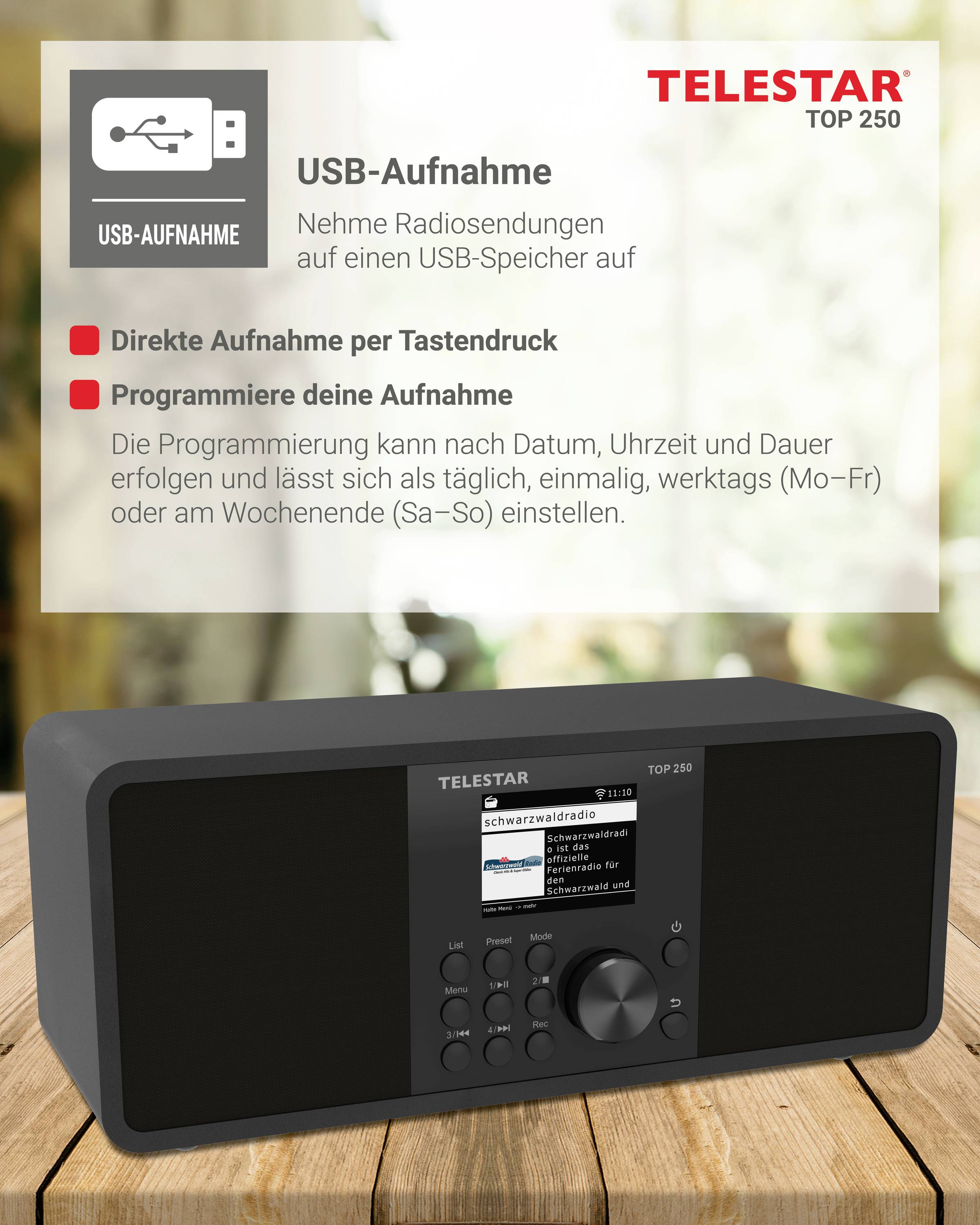 'USB nahrávanie' – Nahráva rozhlasové vysielania na USB úložisko. Priame nahrávanie pomocou tlačidiel; nahrávanie programovateľné podľa dátumu/času. Ilustrácia: Rádio na dreveном stole.