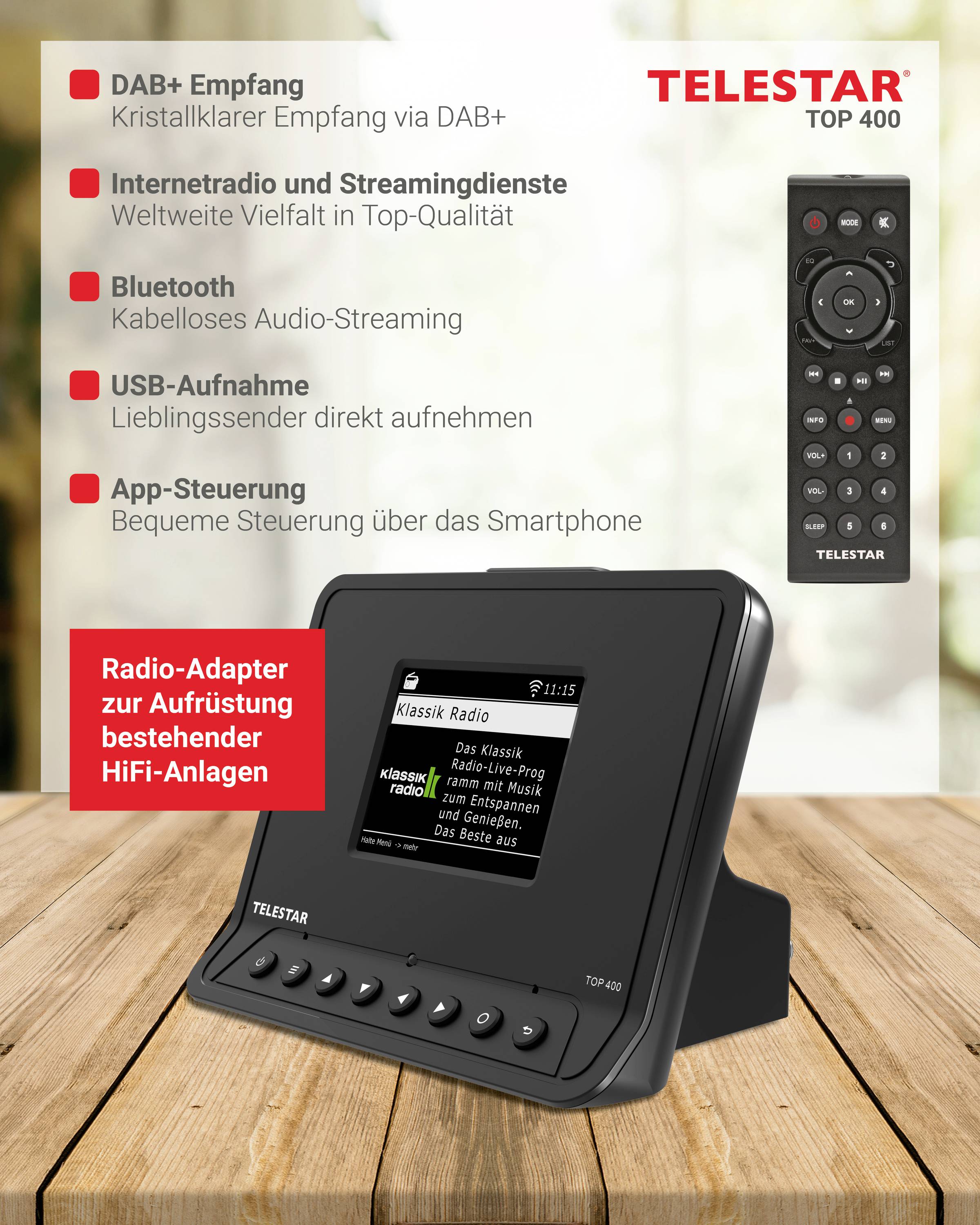 Rádio adaptér Telestar Top 400 na stole s diaľkovým ovládačom, ponúka DAB+, internetové a streamovacie služby, Bluetooth, USB nahrávanie, ovládanie prostredníctvom aplikácie.