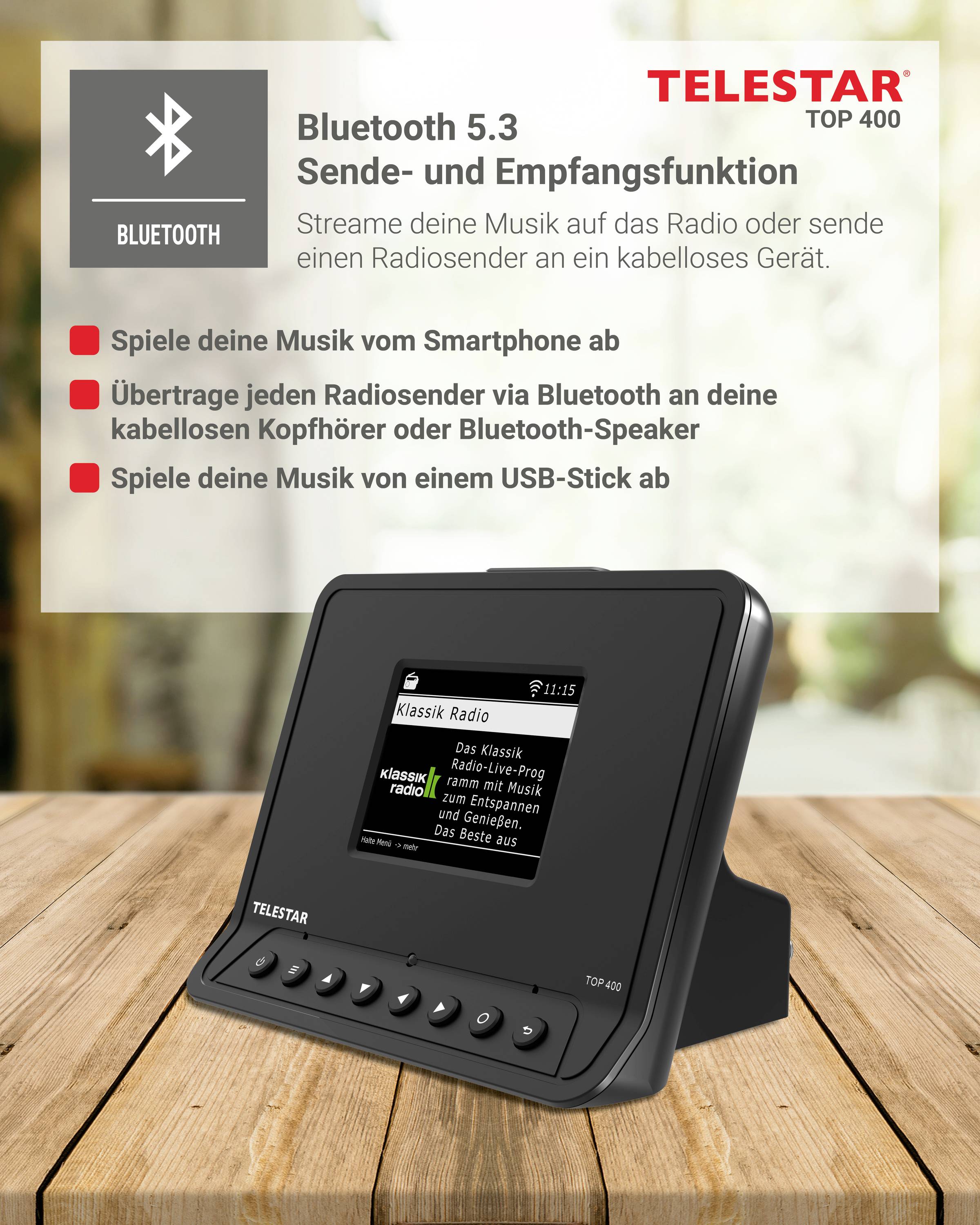 Bluetooth 5.3 funkcia vysielania a príjmu. Streamuj hudbu z mobilného telefónu. Prenášaj rozhlasové stanice cez Bluetooth. Prehrávaj hudbu z USB kľúča.