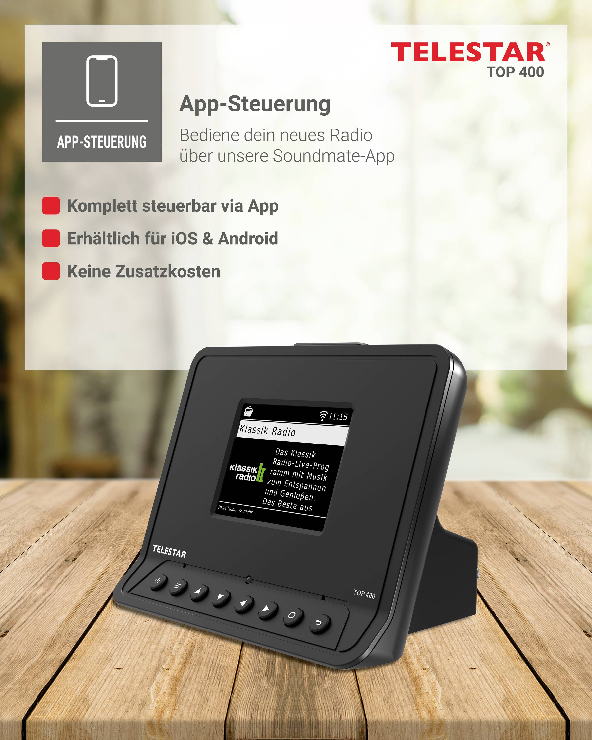 'Ovládanie aplikáciou: Ovládaj svoje nové rádio prostredníctvom našej aplikácie Soundmate. Úplne ovládateľné cez aplikáciu, dostupné pre iOS a Android, bez akýchkoľvek ďalších nákladov.'