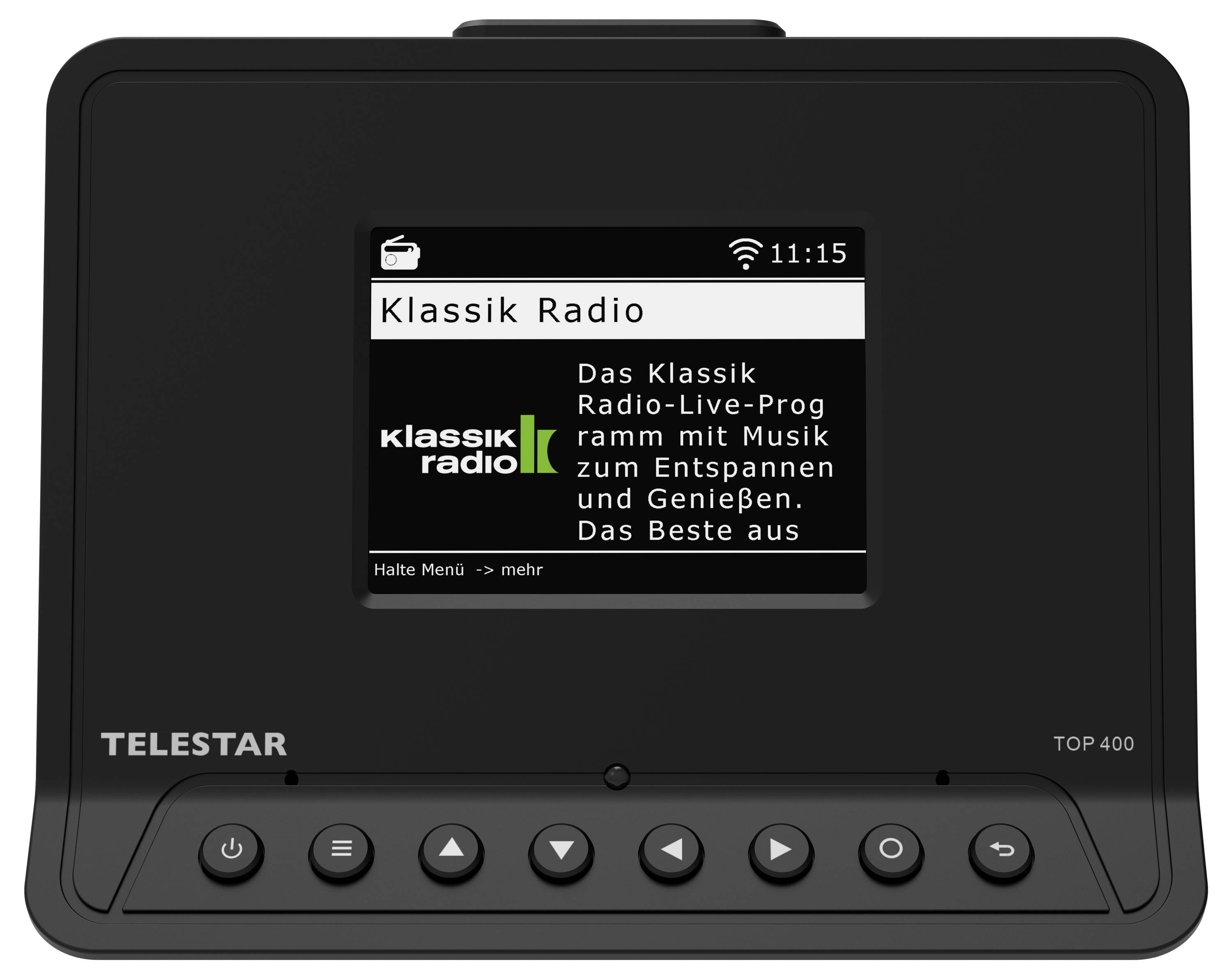 Rádio Telestar zobrazujúce 'Klassik Radio'. Na displeji sú zobrazené detaily programu v nemčine a aktuálny čas, 11:15.