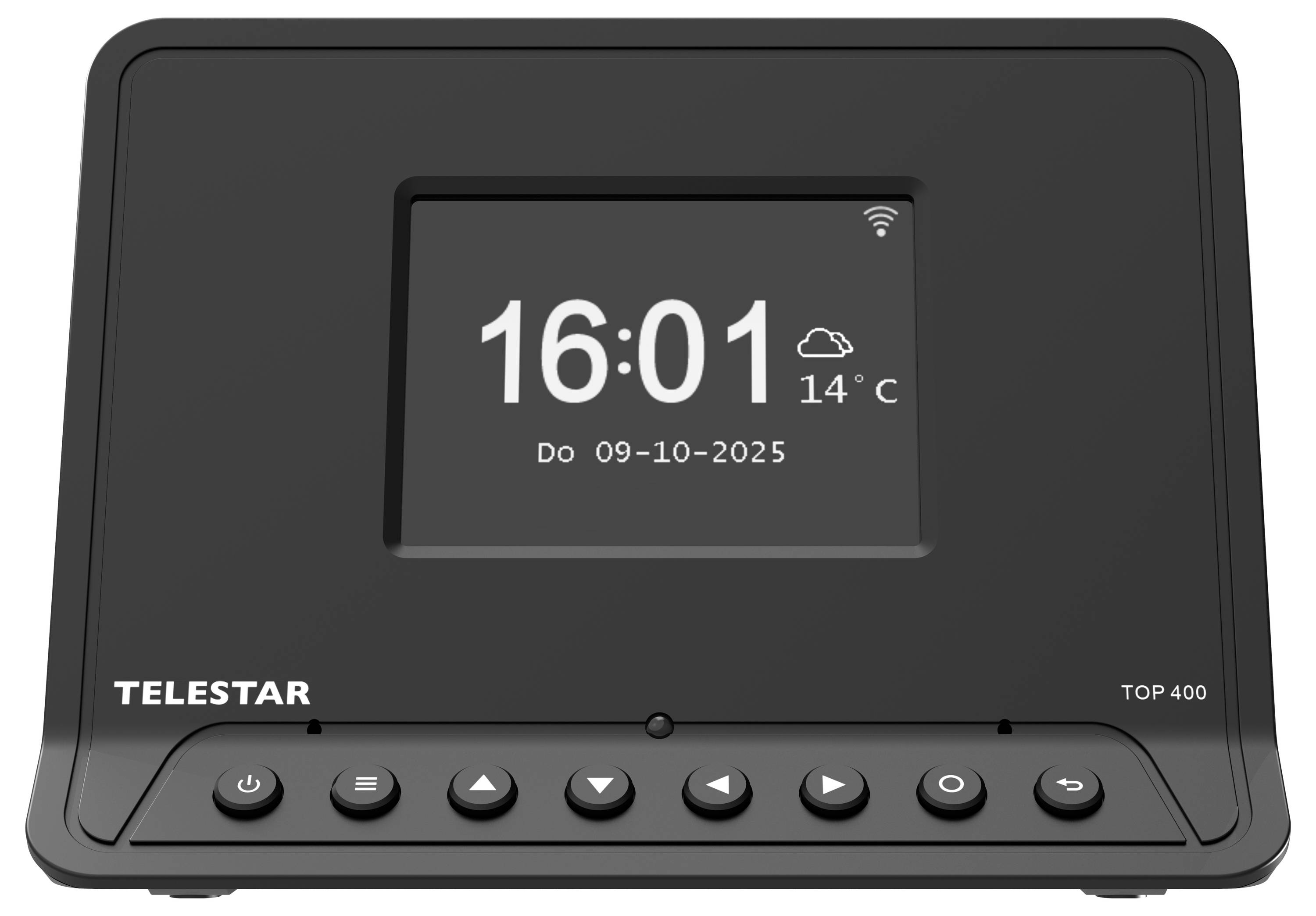 Na digitálnom displeji rádia Telestar v čiernej farbe sa zobrazuje '16:01' a '14°C' s ovládacími tlačidlami pod displejom.