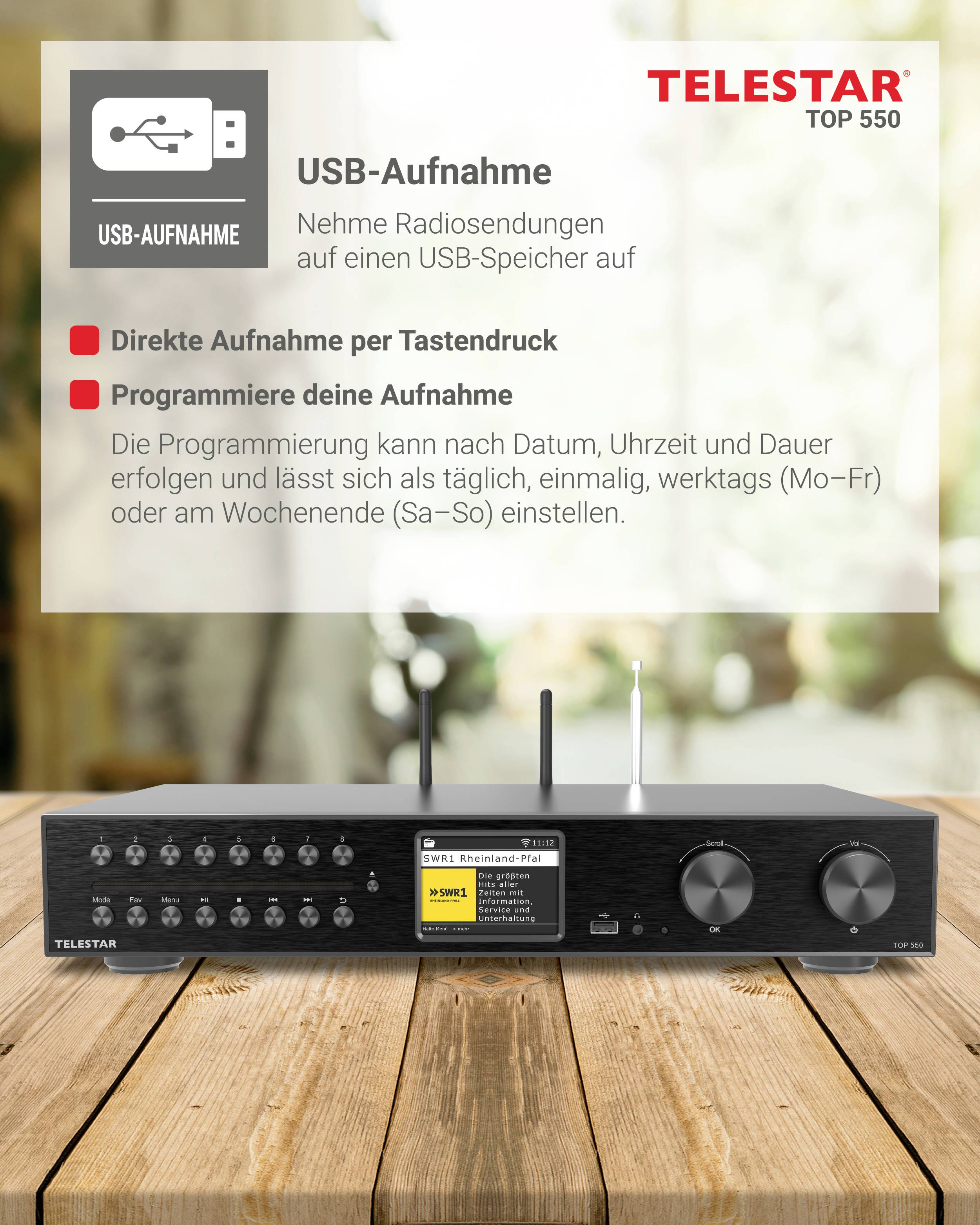 Čierny rádiorekordér značky Telestar na dreveном stole. Text informuje o nahrávacích funkciách USB a programovaní.