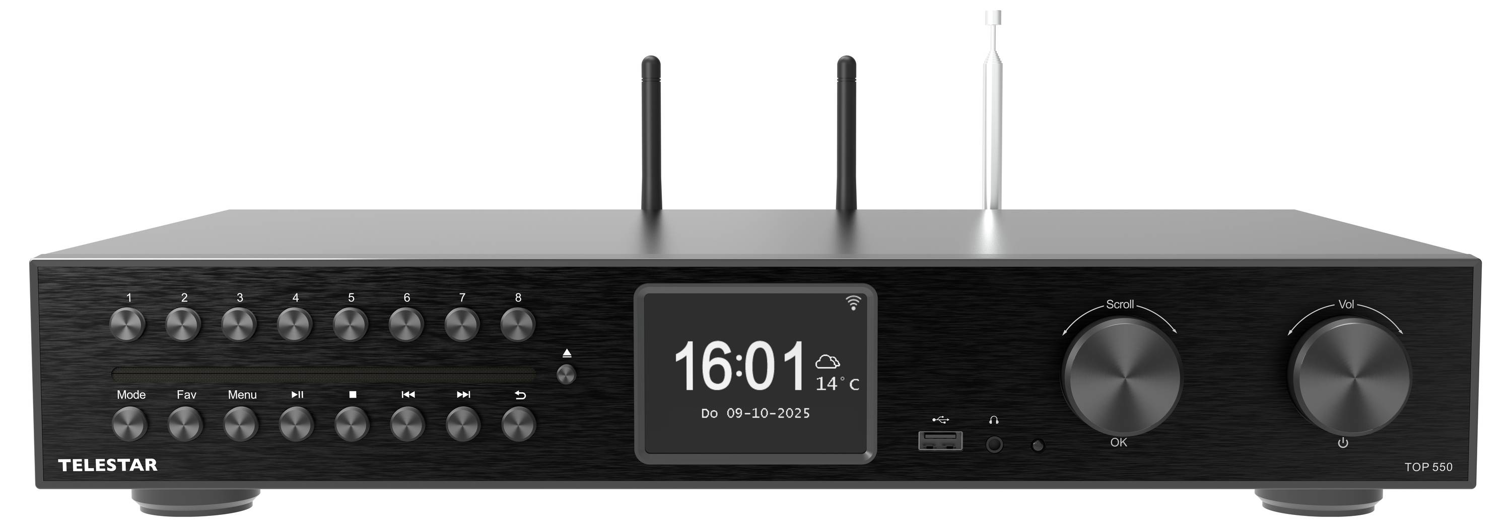 Čierny stereo prijímač s anténami, ovládacími gombíkmi a tlačidlami; digitálny displej zobrazuje čas 16:01, teplotu 14°C, dátum 30-09-2023.