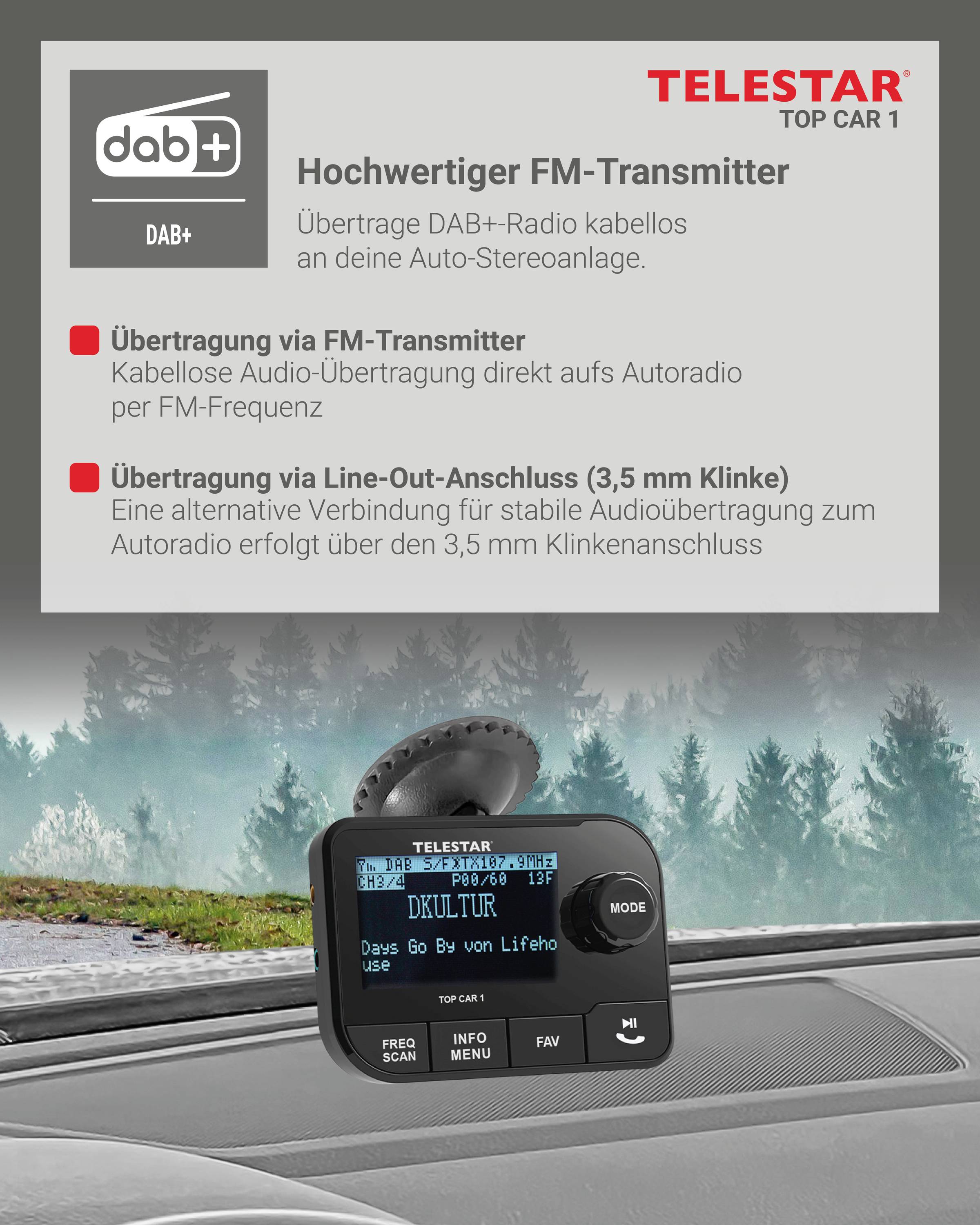 'TELSTAR TOP CAR 1' FM Vysielač obrázok produktu. Zvýrazňuje funkcie: bezdrôtový prenos DAB+ rádia cez autorádio, voliteľné pripojenie Line-Out.