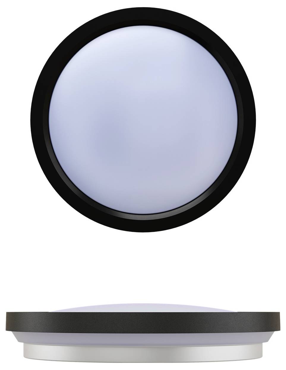 Okrúhle stropné LED svietidlo s čiernym rámom, ktoré vyžaruje jemné biele svetlo, zobrazené spredu a z boku.