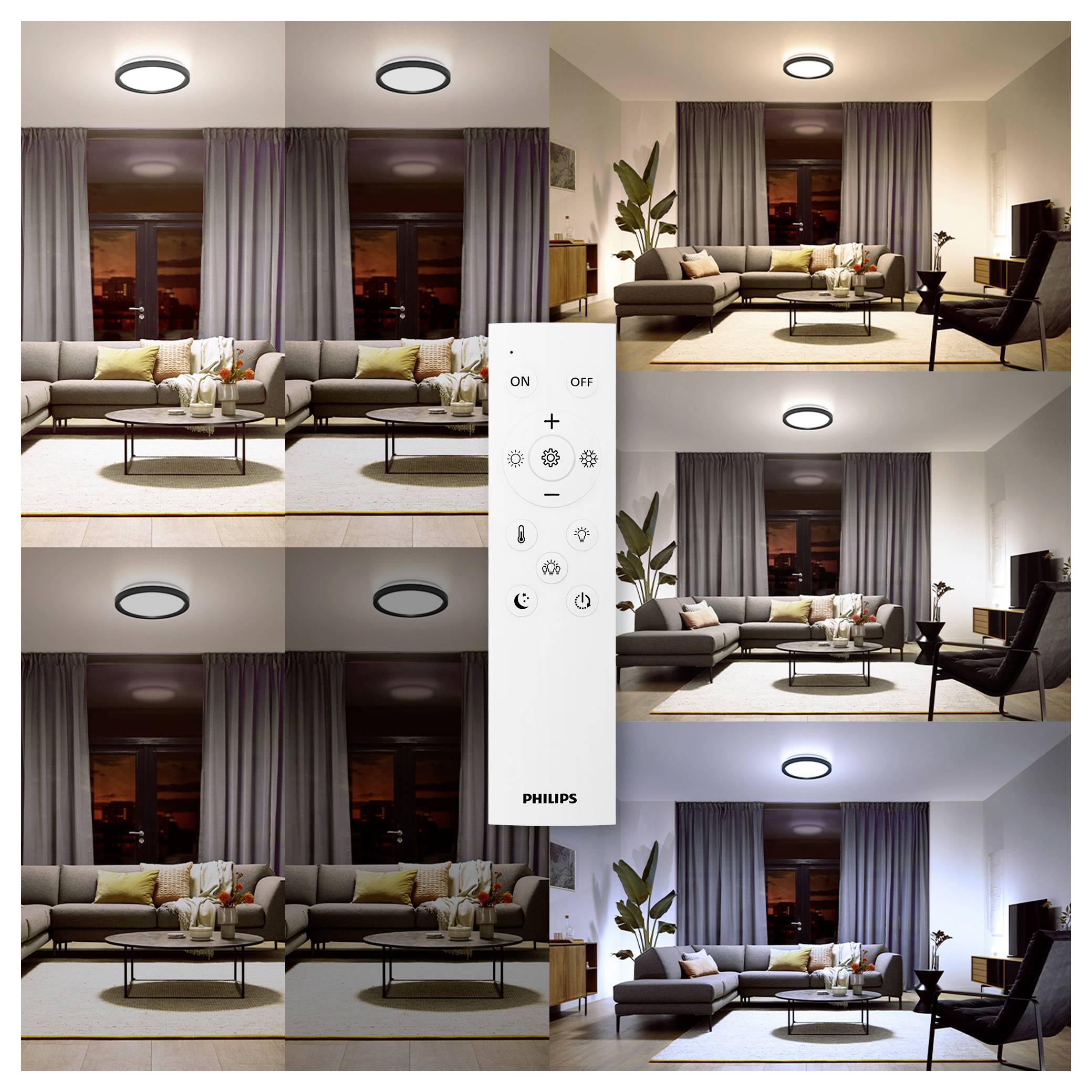 Funkcia „inteligentného osvetlenia" ponúka ovládanie rôznych svetelných scén v miestnosti, čím ilustruje všestranné nastavenia ambientného osvetlenia v modernej obývacej izbe.