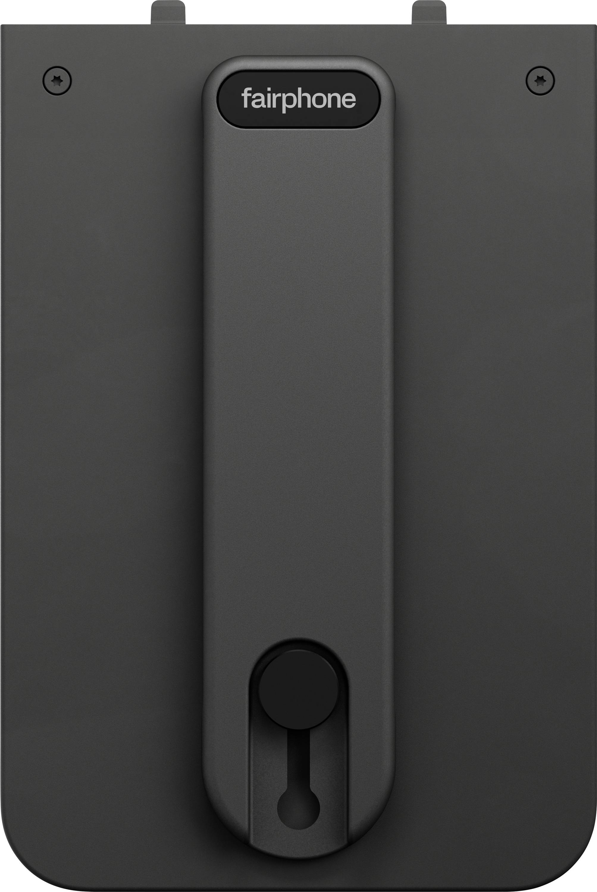 Čierny príslušenstvo Fairphone s dlhým vertikálnym panelom, ktorý má v hornej časti logo "fairphone", navrhnutý pre modulárnu kompatibilitu.