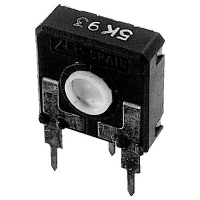 Detailný záber čierno-bieleho elektronického komponentu, pravdepodobne potenciometra, s tromi kovovými kolíkmi v spodnej časti.