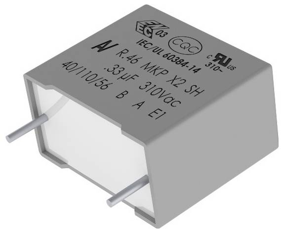 Pravouhlý kondenzátor označený '0,33 µF, 310Vac' s dvoma kovovými prívodmi. Je určený na použitie v elektronických obvodoch a spĺňa bezpečnostné normy.