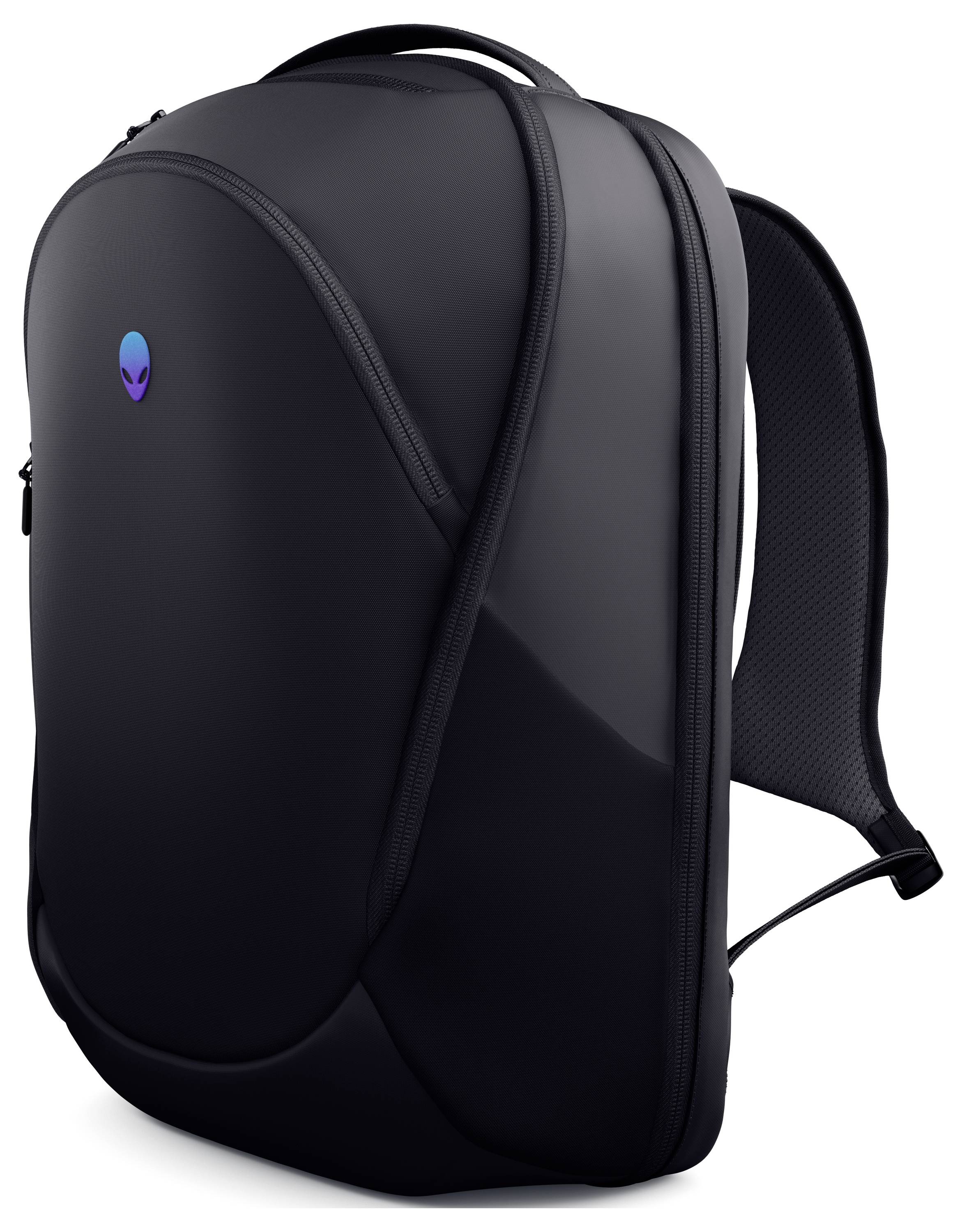 Štíhly, čierny batoh Alienware s žiariacim logom mimozemšťana, navrhnutý na prenášanie technologických zariadení a laptopov.