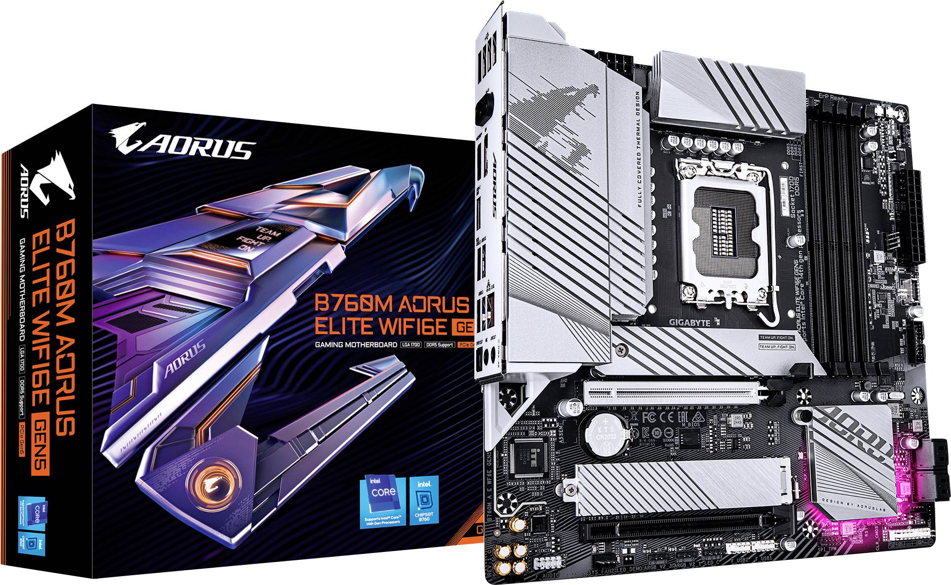 Základná doska AORUS B760M Elite WiFi6E s obalom. Disponuje pokročilým chladením, WiFi 6E a vylepšenou podporou pre herné využitie.