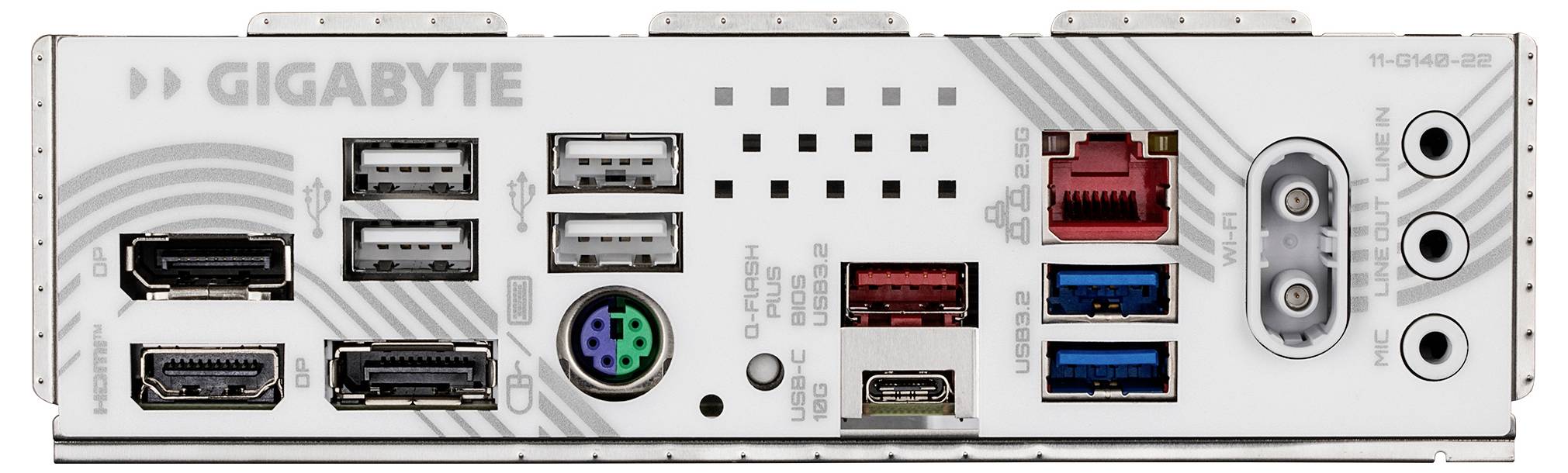 Obrázok zobrazuje zadný panel základnej dosky Gigabyte, ktorý obsahuje rôzne porty vrátane USB, HDMI, Ethernetového pripojenia a audio konektorov.