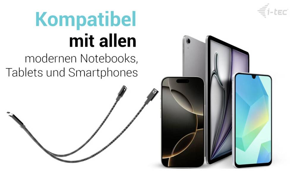 Flexibilný kábel zdôrazňujúci kompatibilitu s modernými notebookmi, tabletmi a smartfónmi.