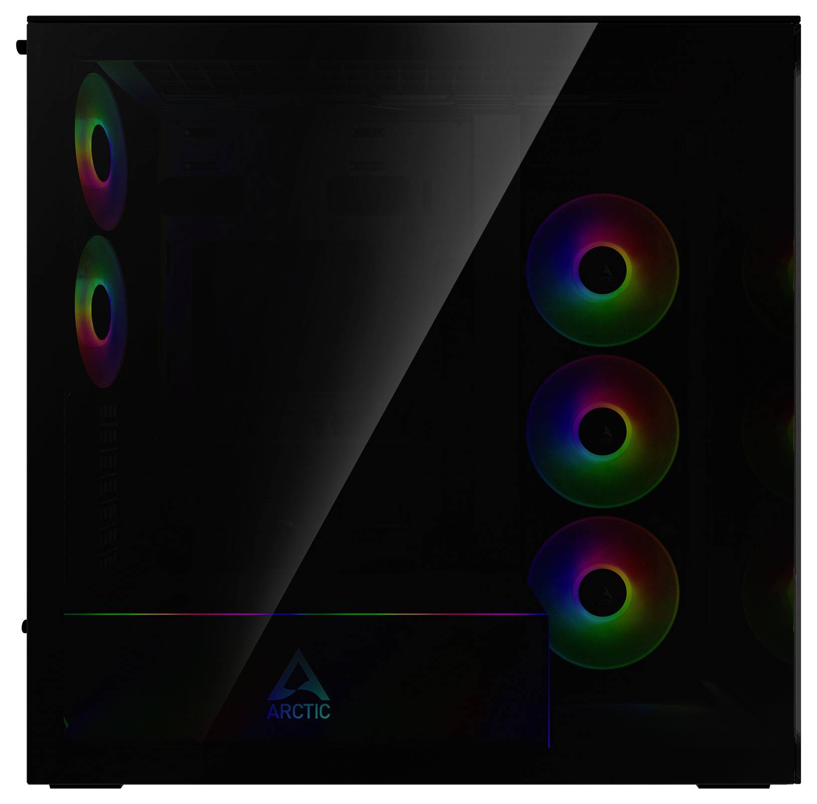 Čierny počítačový case s priehľadným bočným panelom odhaľuje štyri farebné RGB ventilátory usporiadané vertikálne, vytvárajúce živý svetelný efekt.